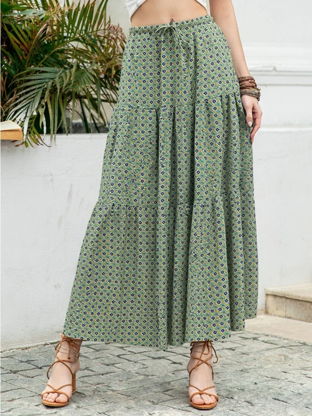 ❤️Hello Gorgeous! Boho Print Tiered Maxi Skirt- Matcha Green
